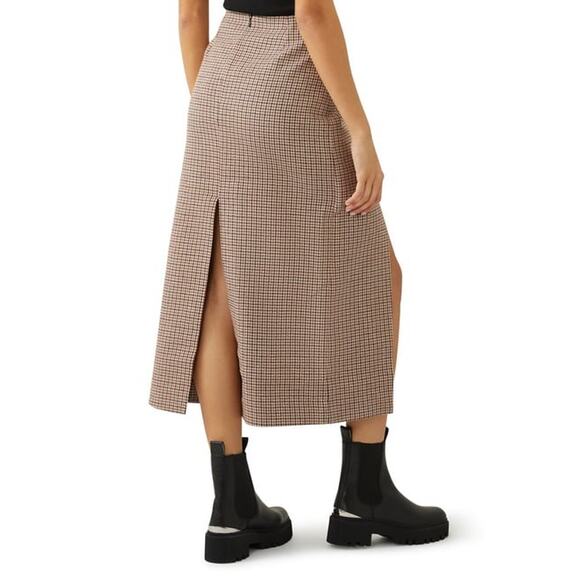 MAJE Jaisa Brown Plaid Wool Blend Front Back Slit Edgy Pencil Skirt Size US 8 - Picture 3 of 16